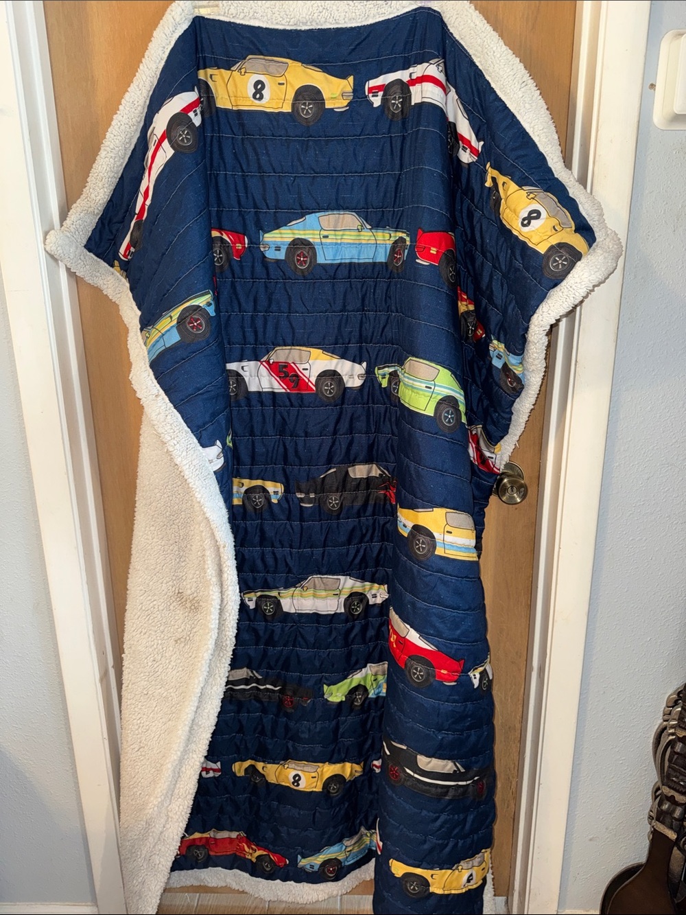 Race Car Print Sherpa-Lined Throw Blanket Boy’s Bedroom Lounging 50” x 60”